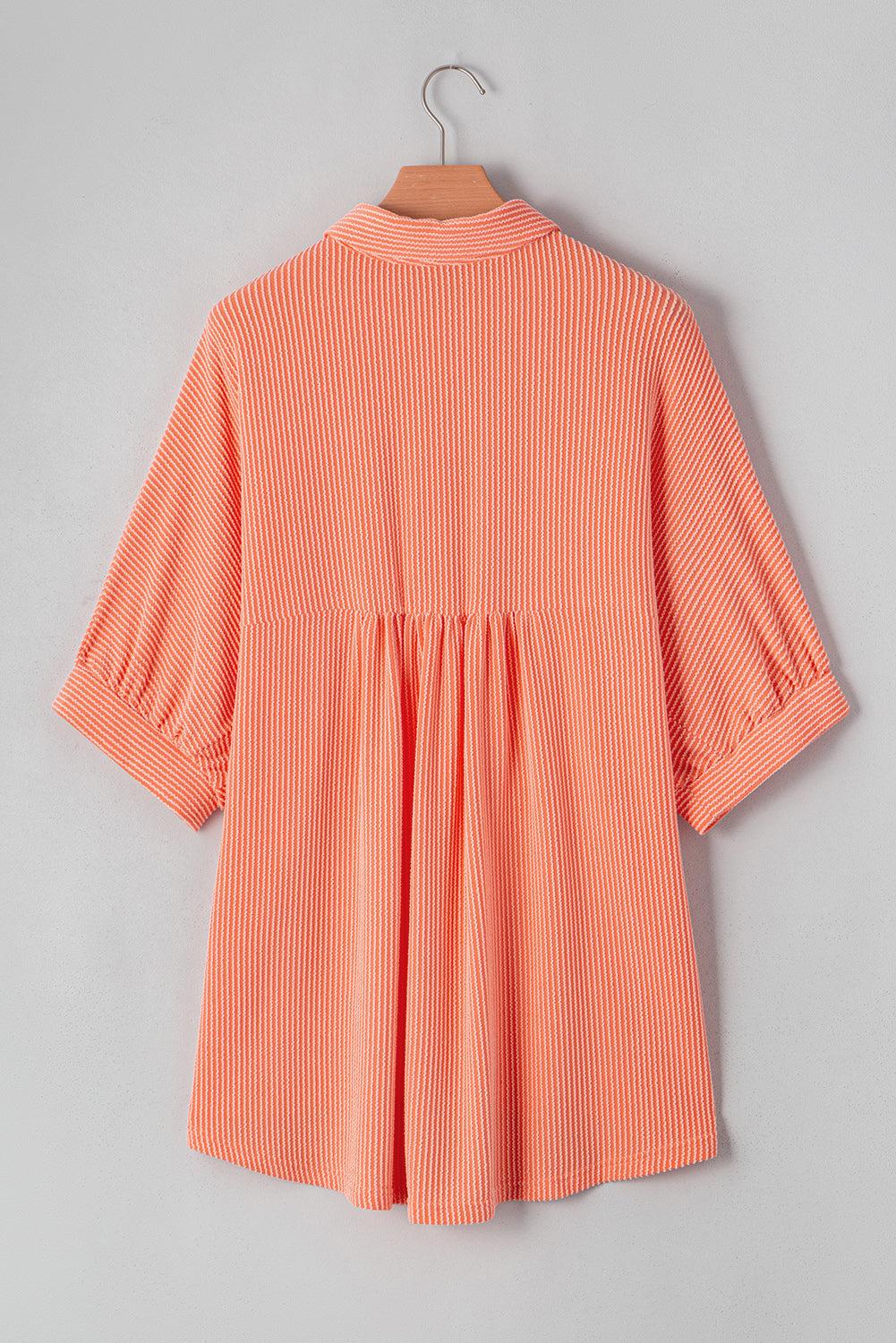 Grapefruit Orange Ribbed Half Sleeve Button Up High Low Hem Loose Shirt eAura