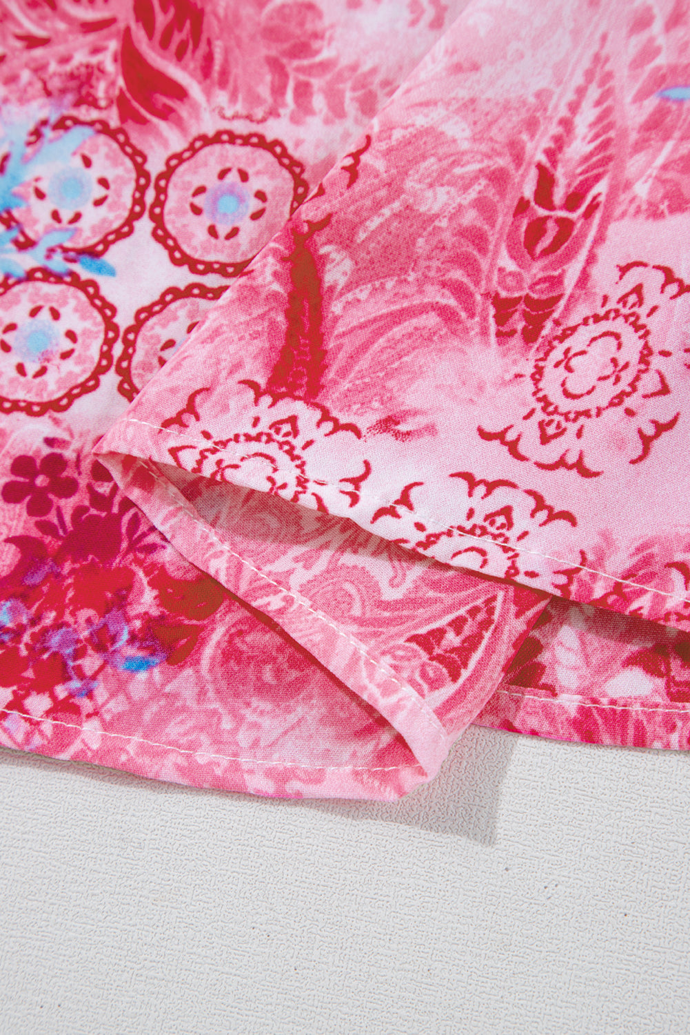 Pink Abstract Floral Print Notch V Neck Rolled Short Sleeve Blouse eAura