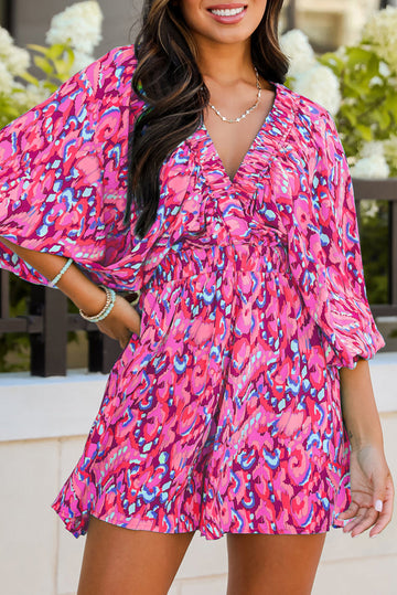 Pink Abstract Print Puff Sleeve V Neck High Waist Romper eAura