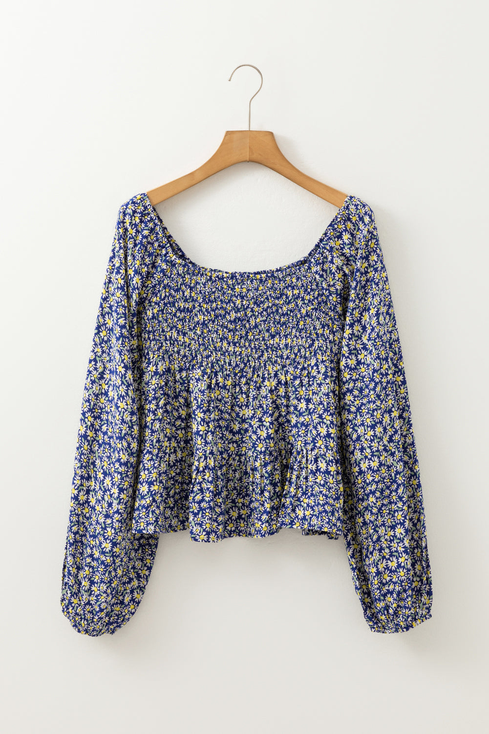 Blue Boho Floral Print Smocked Square Neck Loose Fit Blouse eAura