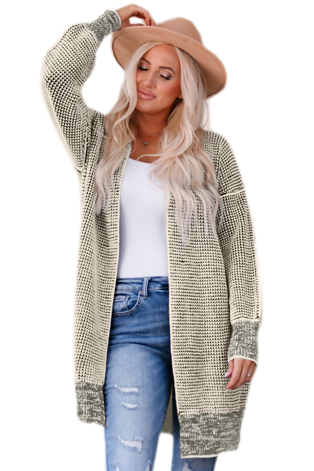 Apricot Plaid Knitted Long Open Front Cardigan eAura
