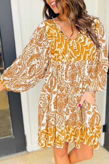 Orange Bohemian Print Puff Sleeve Tied V Neck Flared Mini Dress Beagle Boutique Fashion Outlet