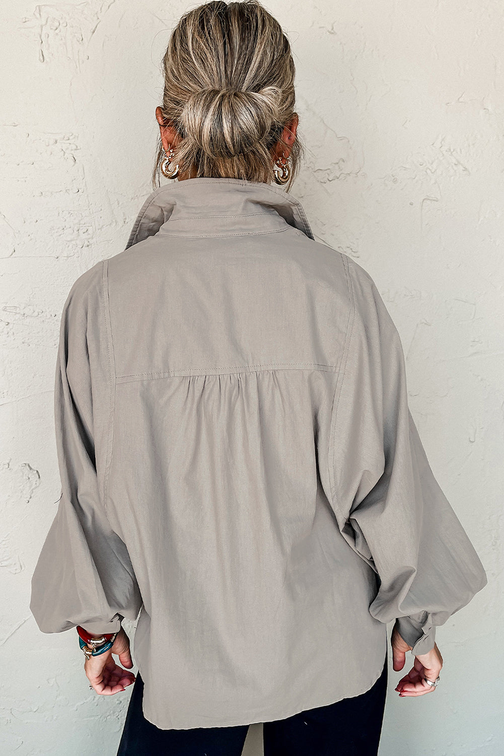 High Solid Colour Balloon Sleeve Side Slits Loose Fit Shirt eAura