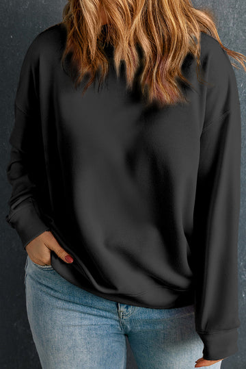 Black Solid Crew Neck Drop Shoulder Plus Size Sweatshirt BB Fashion Outlet