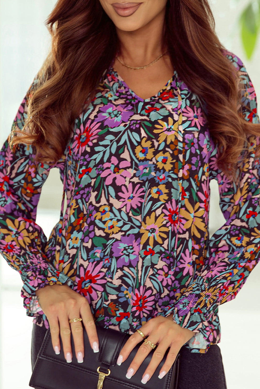 MultiColour Floral Print Ruffled Long Sleeve V-Neck Blouse eAura