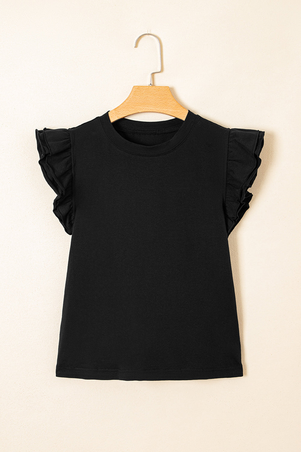 Black Ruffled Crew Neck Slim Fit Top eAura