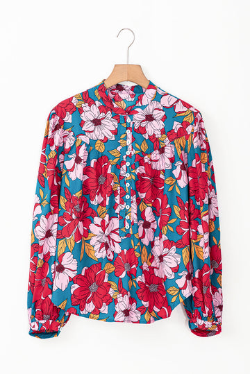 Red Floral Printed Balloon Sleeve Half Buttons Blouse eAura