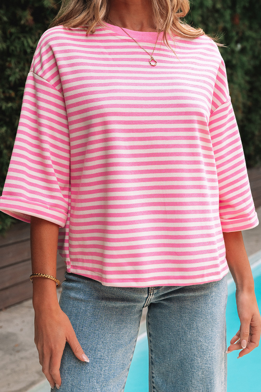 Pink Stripe Bowknot Cutout Back Drop Shoulder Wide Bracelet Sleeve Loose Tee eAura