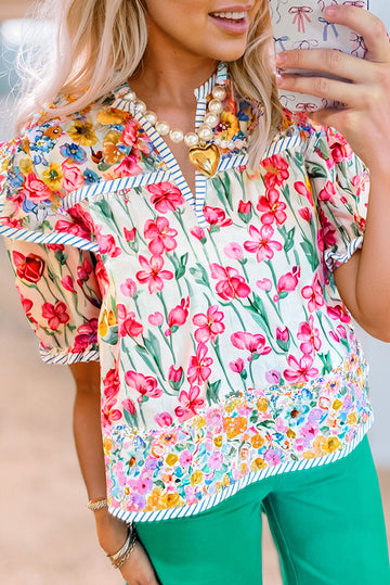 Pink Floral Print Striped Detail Split Neck Short Sleeve Blouse eAura