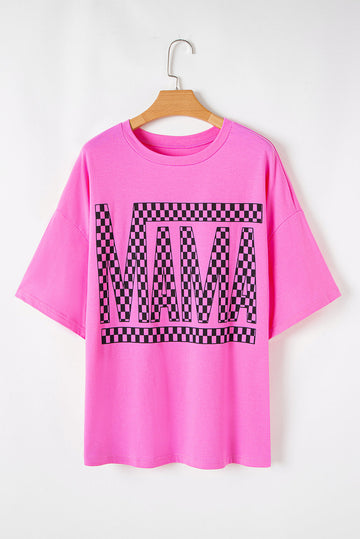 Bright Pink Checker MAMA Letter Printed Graphic Plus Size T Shirt BB Fashion Outlet