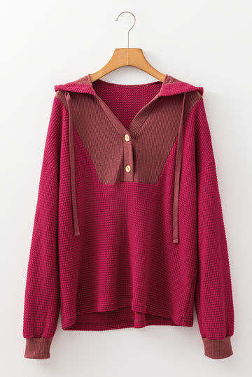 Waffle Patchwork Drop Shoulder Hooded Long Sleeve Top - eAura