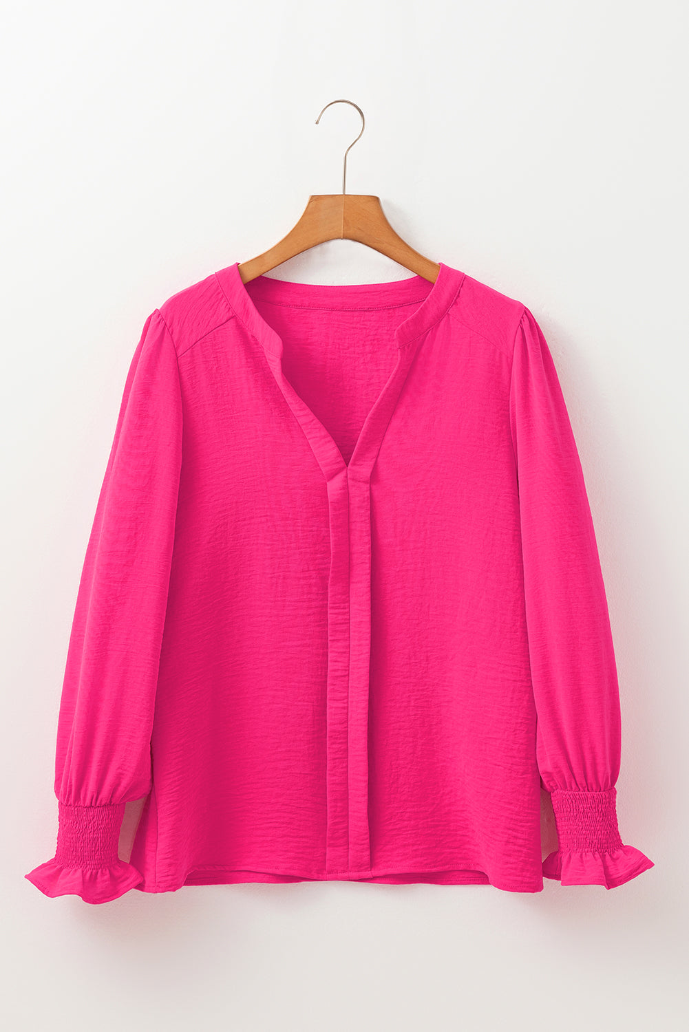 Rose Red Solid Colour Shirred Cuff Notch V Neck Blouse eAura