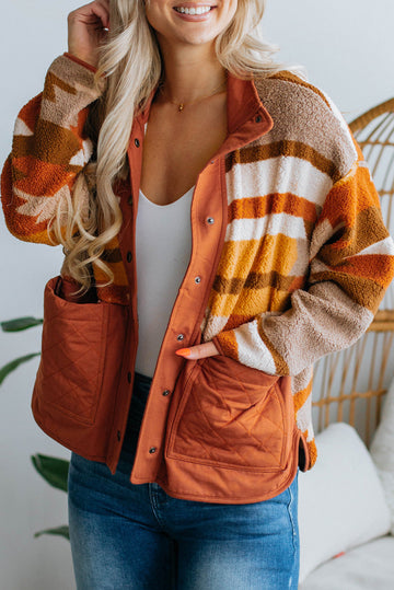 Brown Quilted Patch Pockets Aztec Furry Jacket BB Fashion Outlet