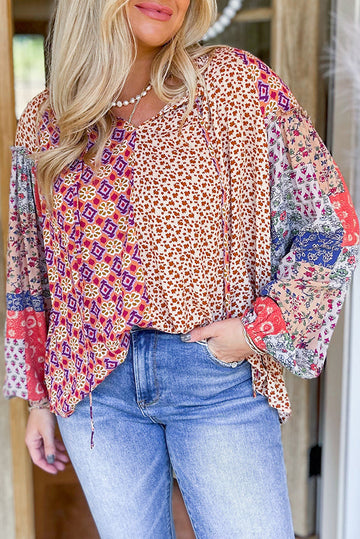 Orange Mixed Floral Printed Long Sleeve Tied V Neck Blouse eAura