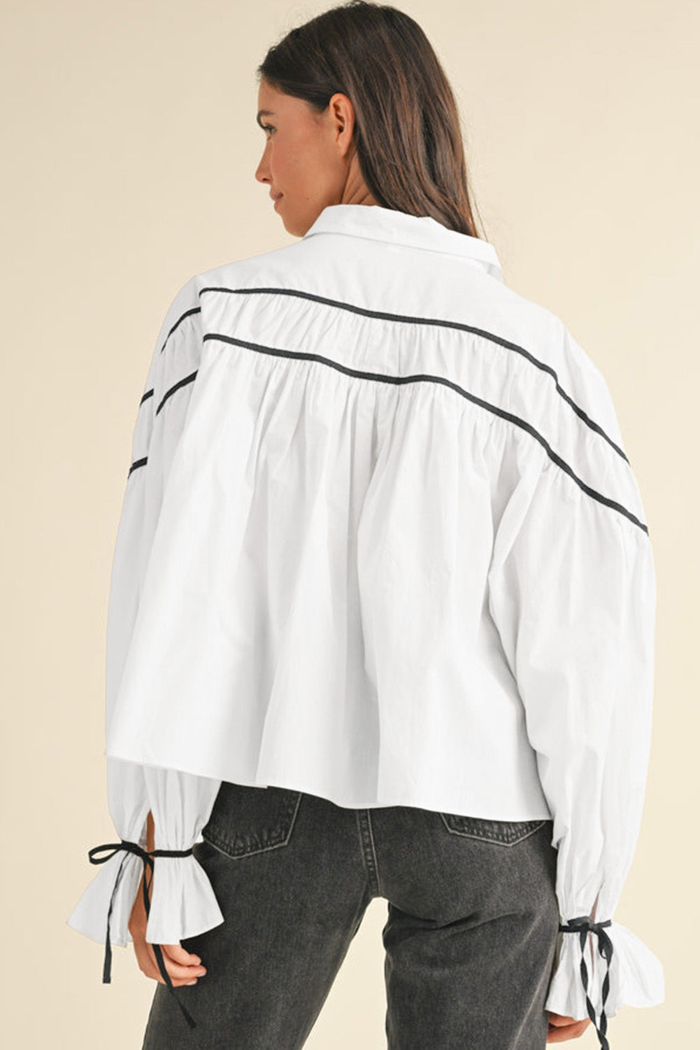 White Black Pipping Ribbon Bowtie Collared Ruffled Puff Sleeve Shirt eAura