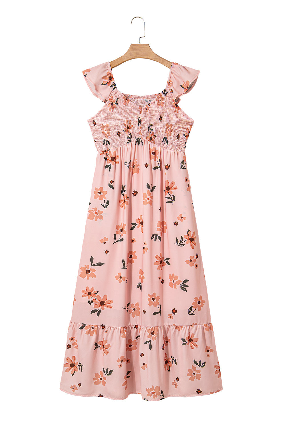 Pink Floral V Neck Smocked Ruffle Hem Maxi Dress eAura