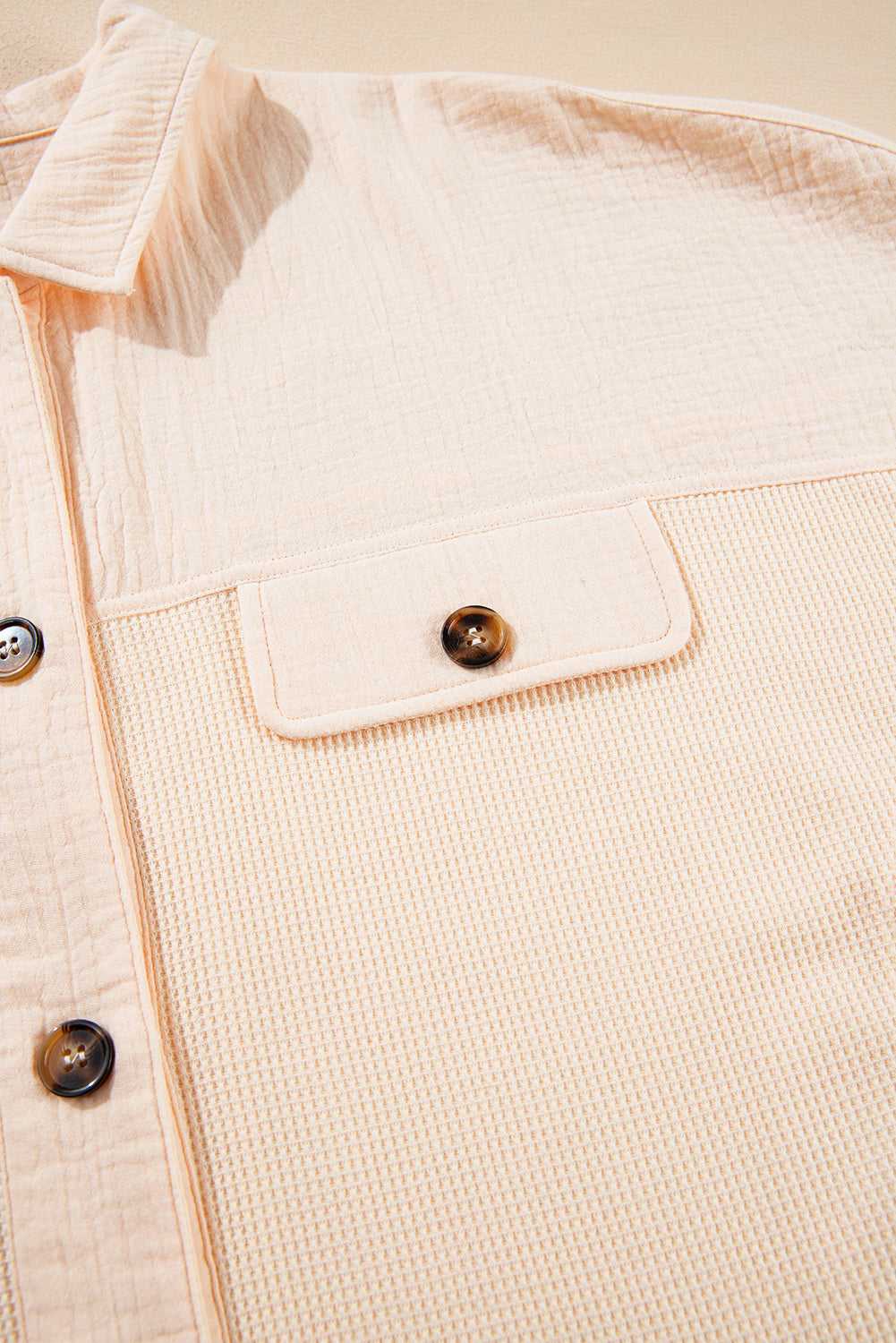 Beige Waffle Short Batwing Sleeve Flap Detail Wide Shirt eAura