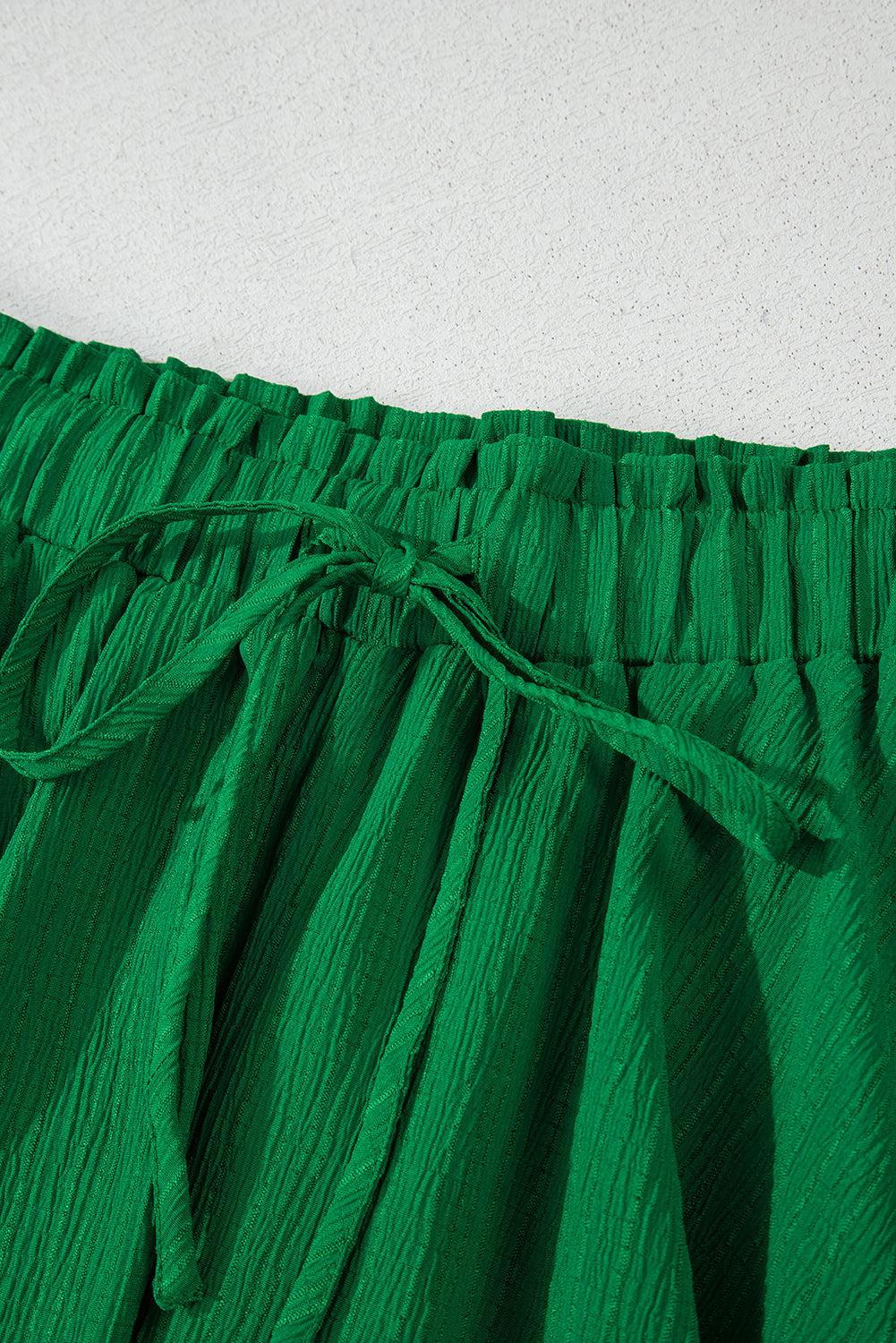 Dark Green Textured Frilled Lace-up High Waist Ruffle Wide Leg Shorts eAura