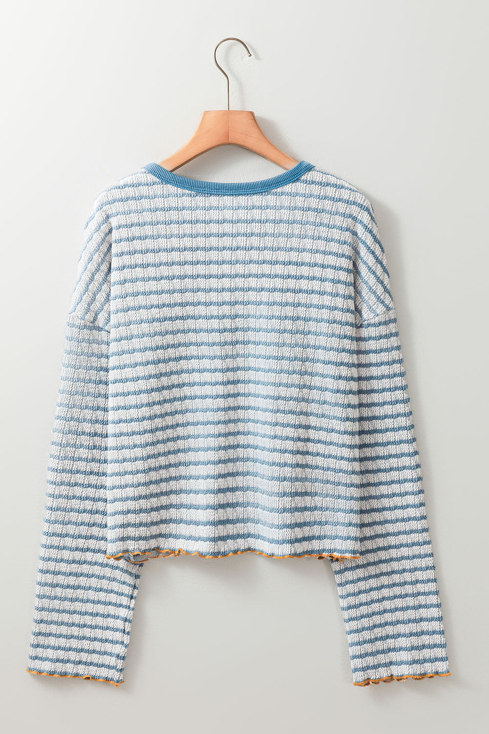 Sky Blue Stripe Textured Frilly Trim Buttons Henley Long Sleeve Top eAura
