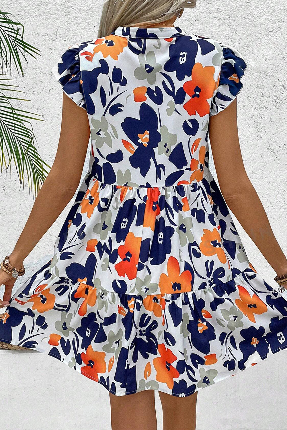 Floral Print Notched Neck Flutter Sleeve Mini Dress eAura