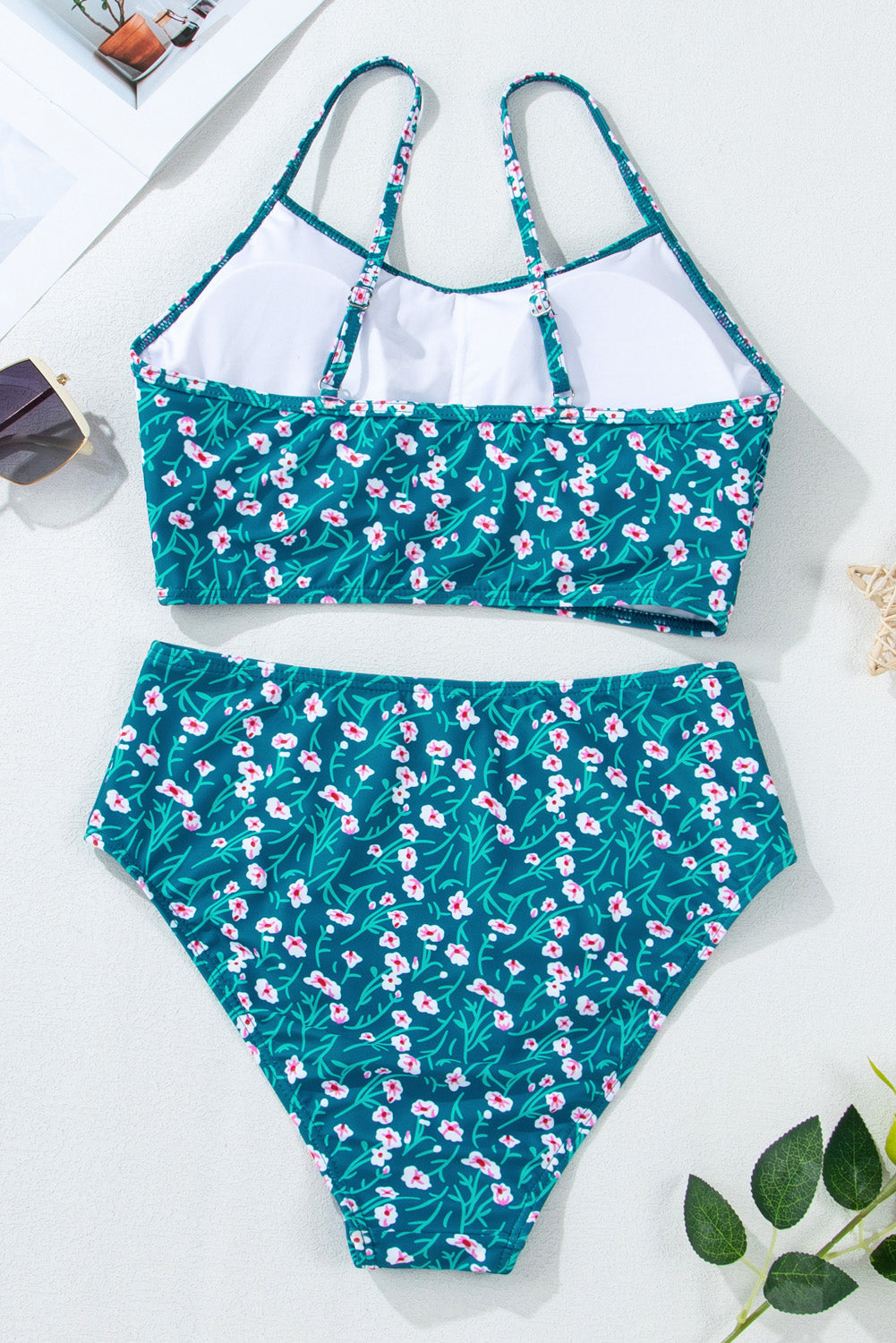 Blue Floral Print Smocked Cute Bikini Set eAura