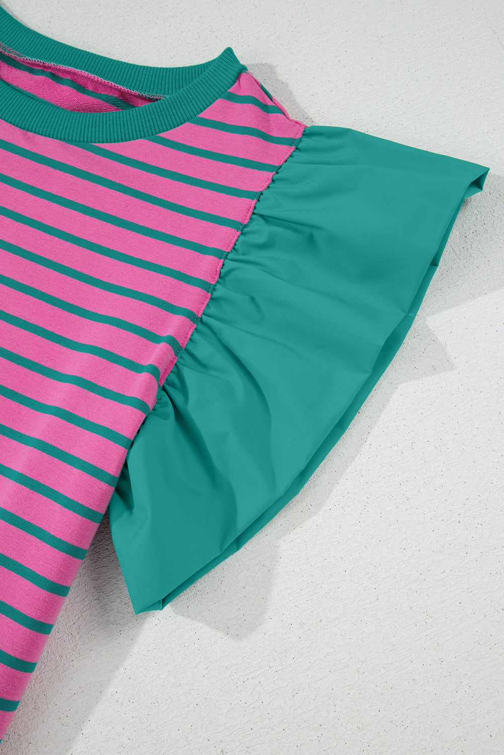 Pink Stripe Colourblock Ruffled Sleeve Crew Neck Blouse eAura