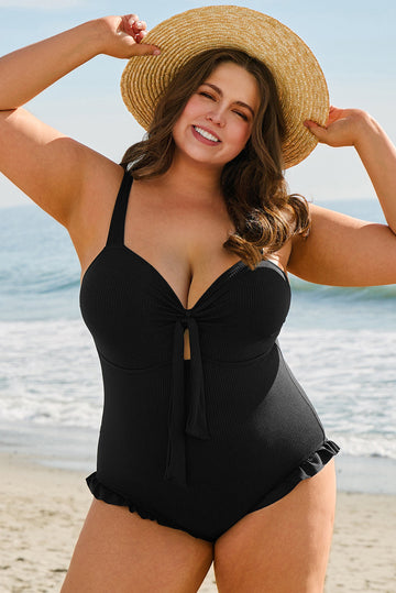Black Plus Size Textured Knotted Ruffled Trim One Piece Swimwear BB Fashion Outlet
