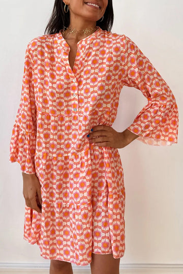 Orange Floral Print Flounce Sleeve Buttoned Front Mini Dress eAura