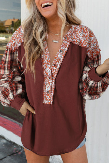 Fiery Red Floral Plaid Mixed Print Bishop Sleeve Patchwork Top eAura