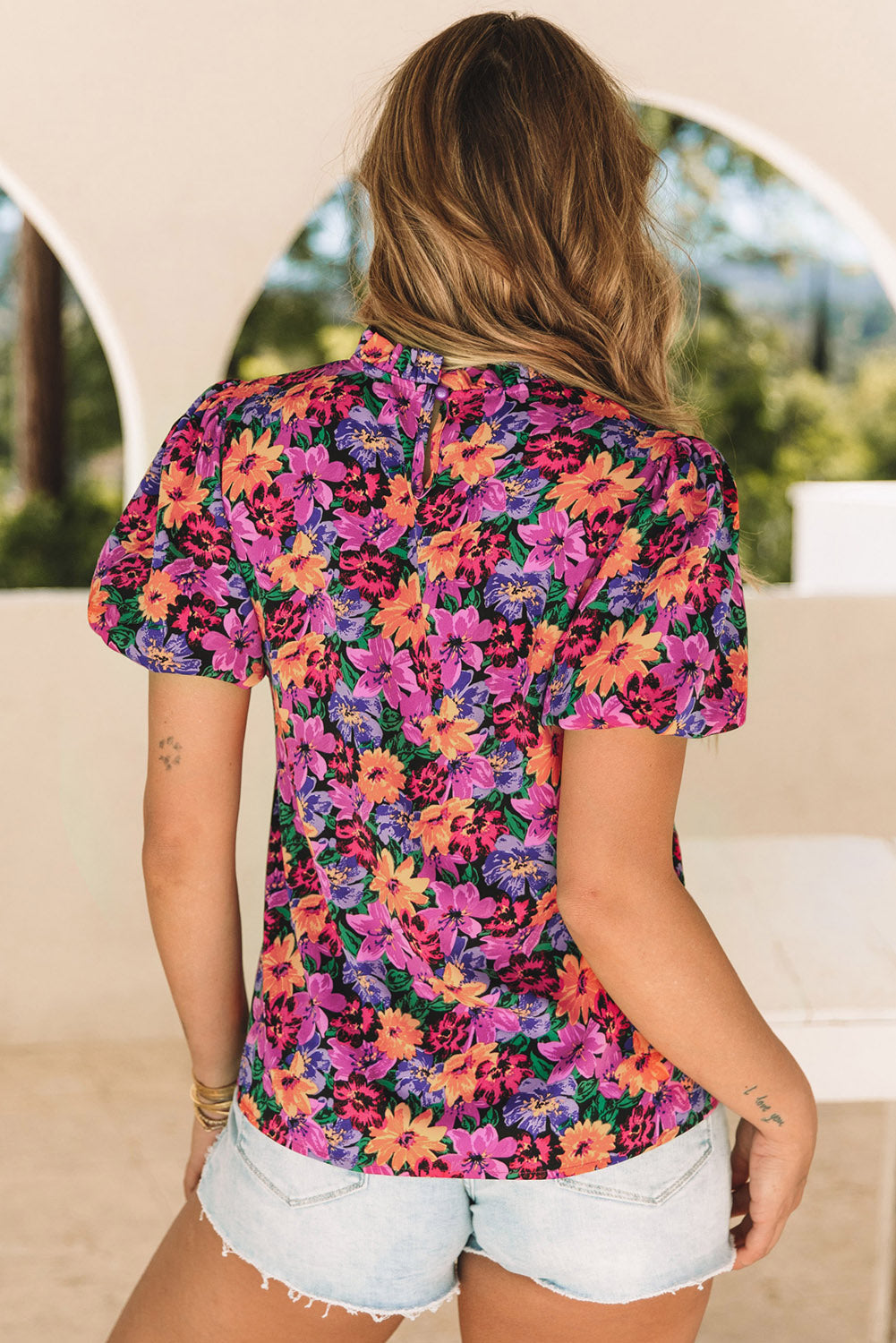 MultiColour Floral Print Round Neck Puff Sleeve Blouse eAura