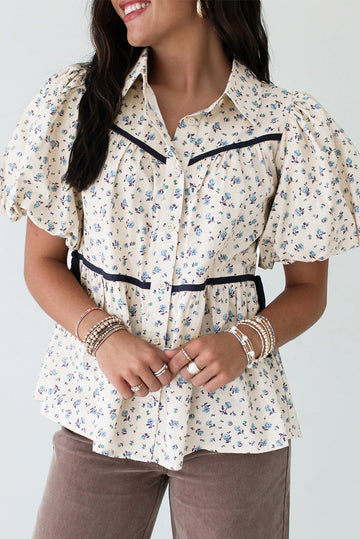 White Contrast Trim Floral Puff Short Sleeve Shirt BB Fashion Outlet