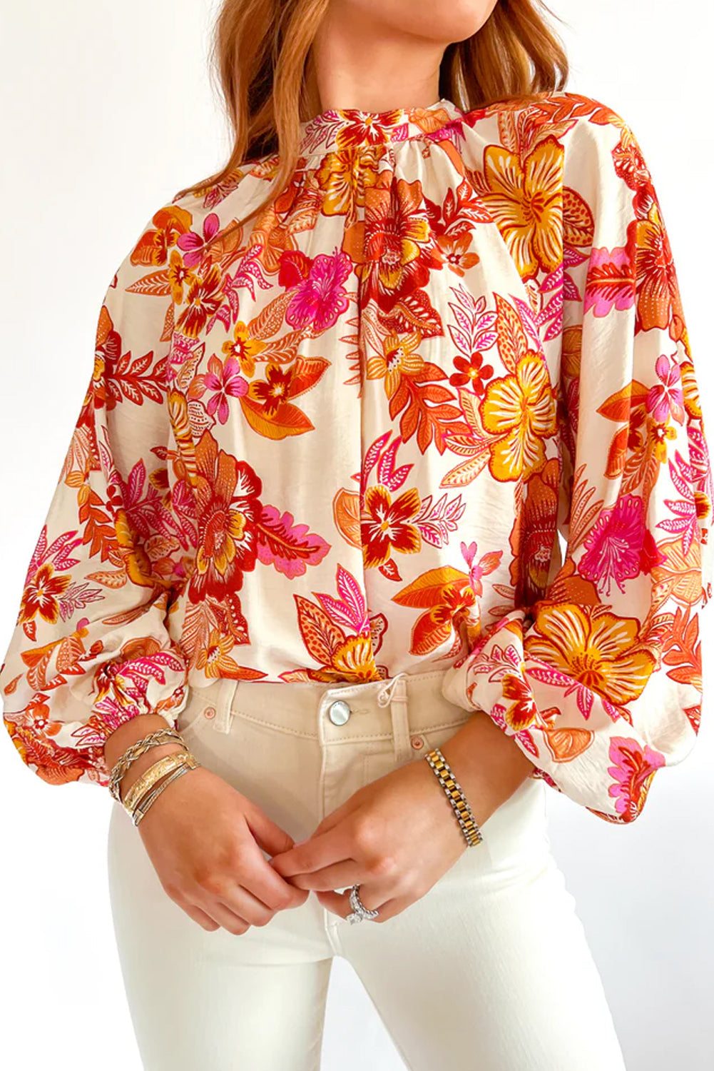 Orange Floral Print Pearl Button Keyhole Long Puff Sleeve Blouse eAura
