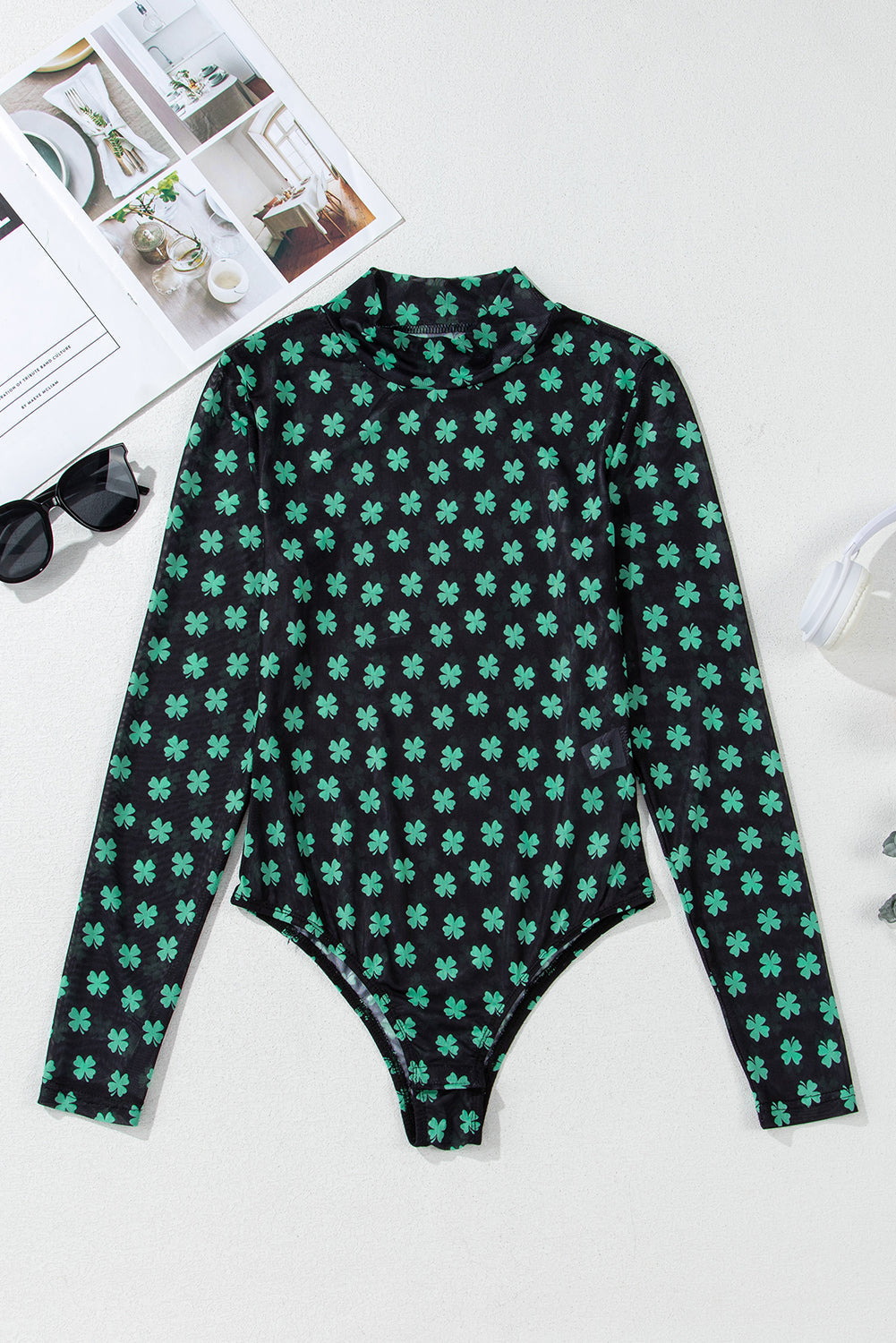 Green St Patrick Shamrock Printed Long Sleeve Mesh Bodysuit eAura