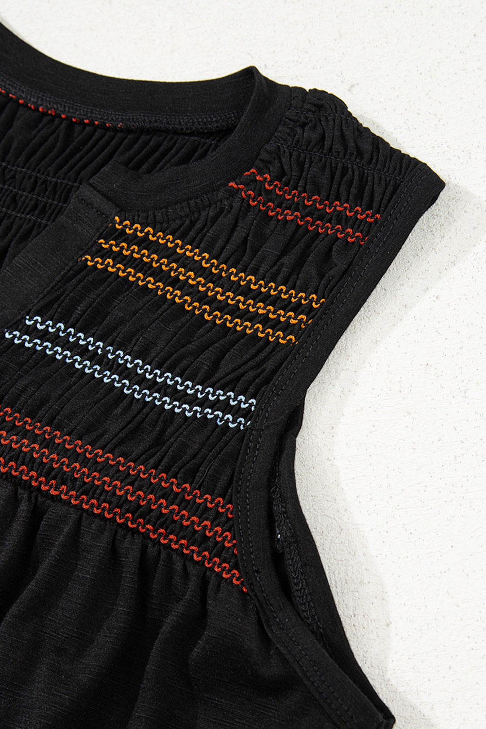 Black Shirred Yoke Notched V-Neck Tank Top eAura