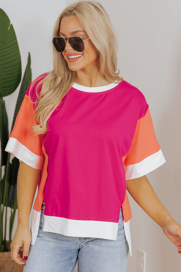 Rose Red Colour Block Patchwork Side Slits Loose Fit T Shirt eAura