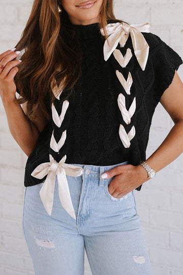 Black Cable Knit Colourblock Satin Bowknot Short Sleeve Sweater eAura