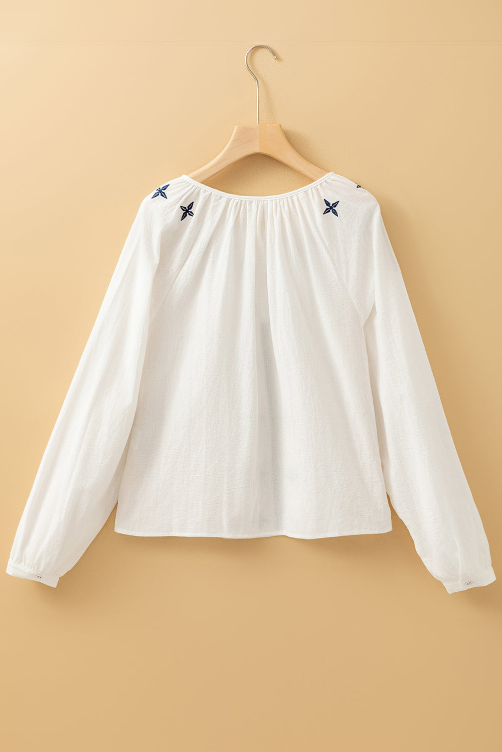 White Geometric Embroidered Long Sleeve Buttoned Blouse eAura