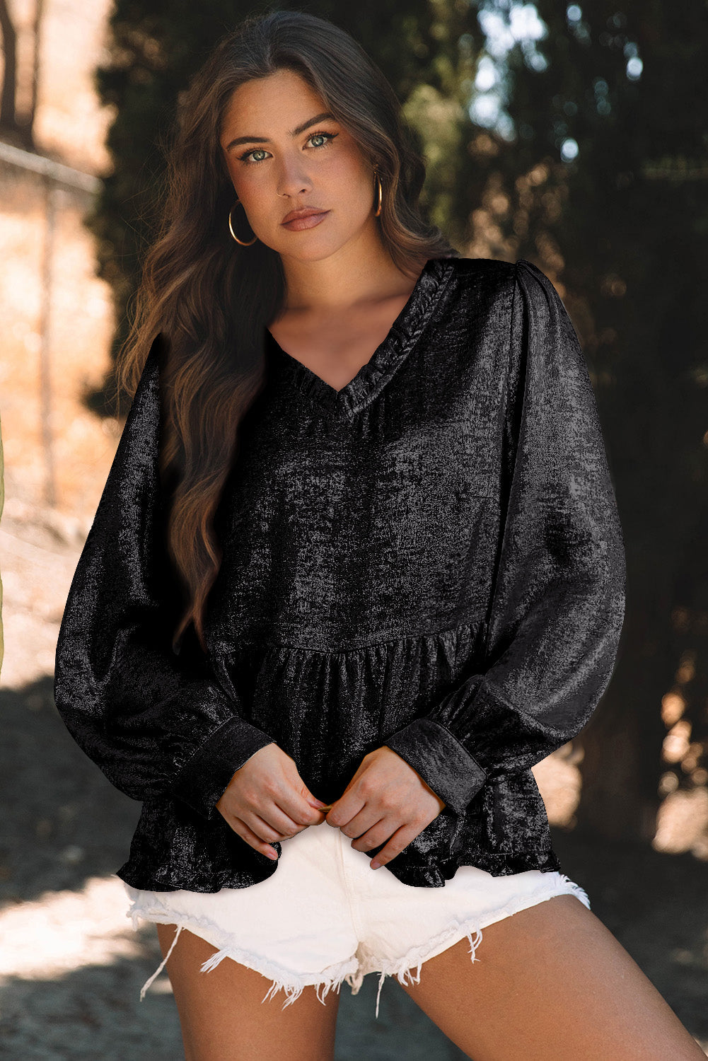 Black Metallic Frilled V Neck Puff Sleeve Babydoll Blouse eAura