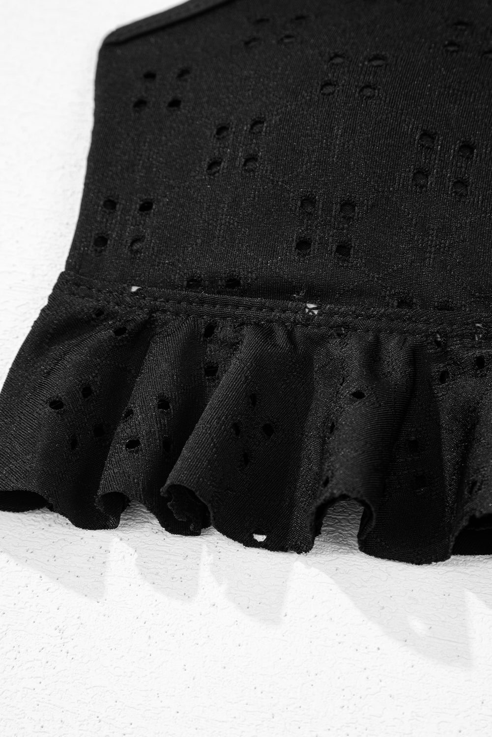 Black Eyelet Pattern Knotted Ruffle Trim 3pcs Bikini Set eAura