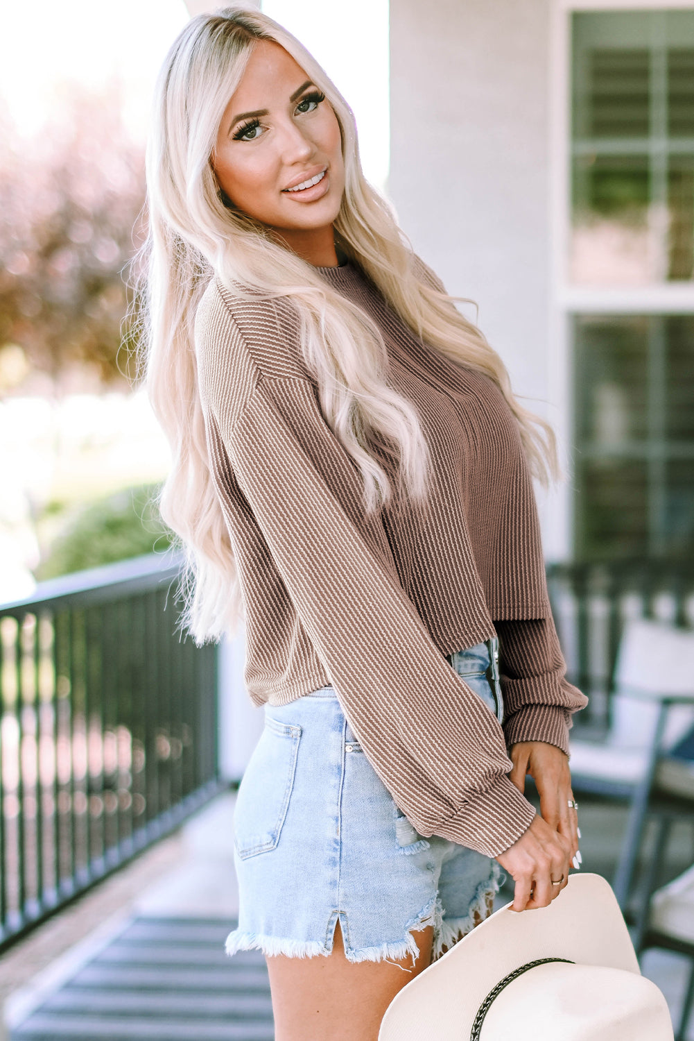 Khaki Cording Drop Shoulder Puff Sleeve Casual Long Sleeve Top eAura