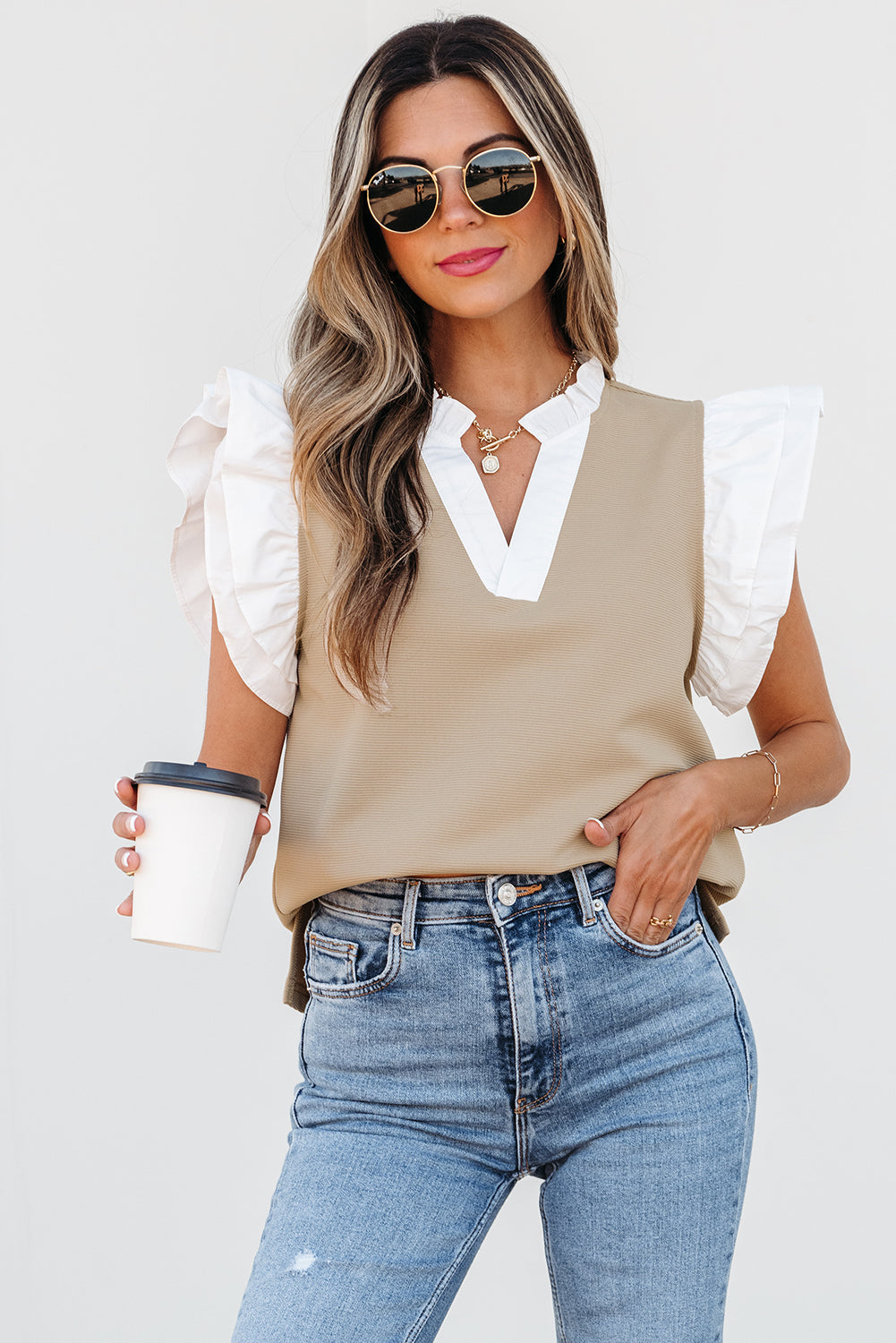 Pale Khaki Contrast V Neck Ruffled Textured Knit Top eAura