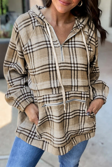 Khaki Printed Zipped Front Pullover Plaid Hoodie eAura