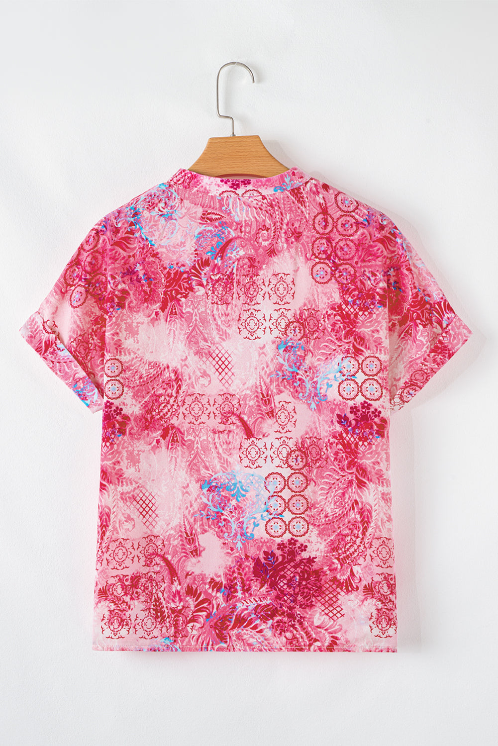 Pink Abstract Floral Print Notch V Neck Rolled Short Sleeve Blouse eAura