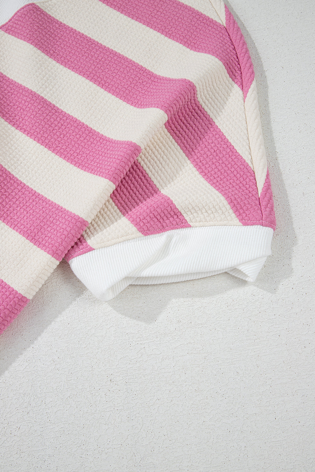 Pink Stripe Patchwork Textured Short Sleeve High Low Loose Top eAura