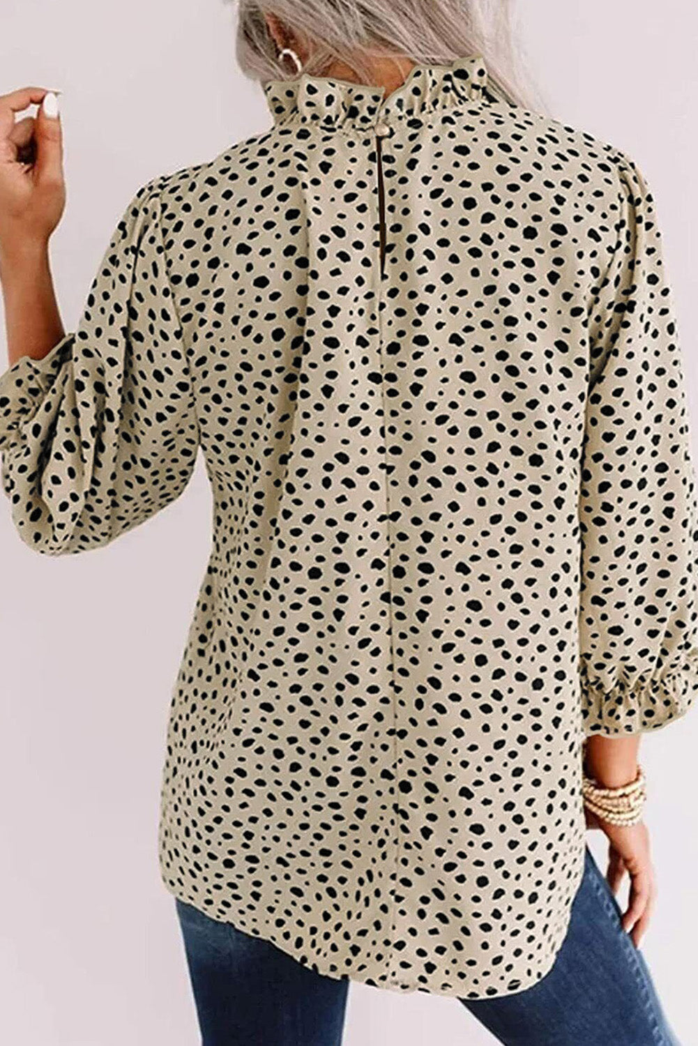 Khaki Frilled Neck 3/4 Sleeves Cheetah Blouse eAura