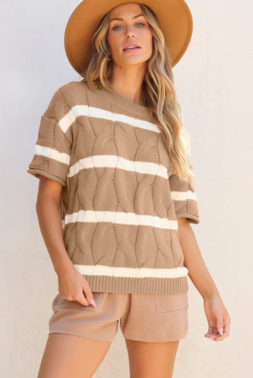 Dark Khaki Striped Cable Short Sleeve Sweater eAura