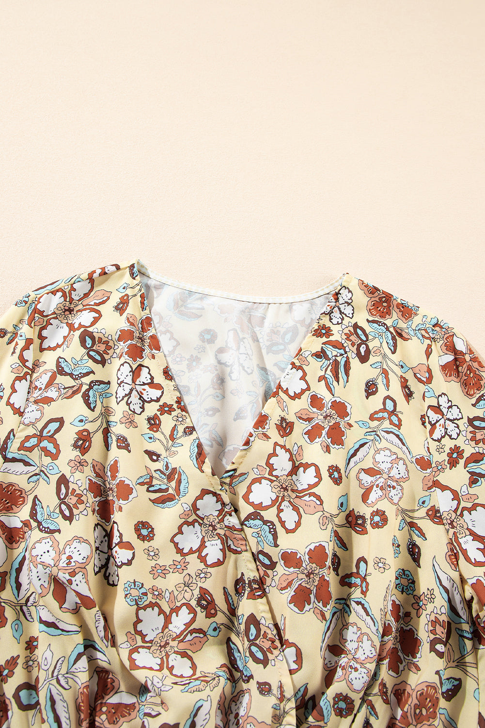 Yellow Printed Floral Bell Sleeve V Neck Wrapped Contrast Peplum Blouse eAura