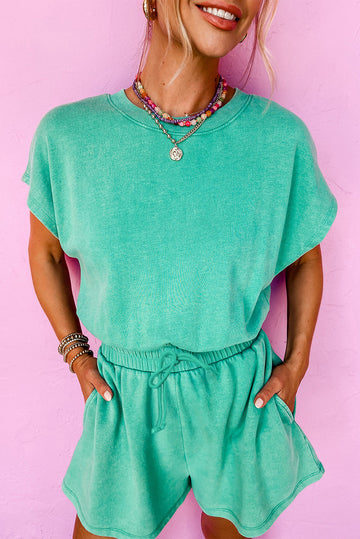 Sea Green Mineral Wash Drawstring Waist Hollow Out Back Short Sleeve Romper eAura