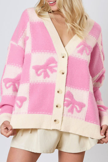 Pink Bowknot Checkered Pattern V Neck Drop Shoulder Button Up Cardigan Beagle Boutique Fashion Outlet