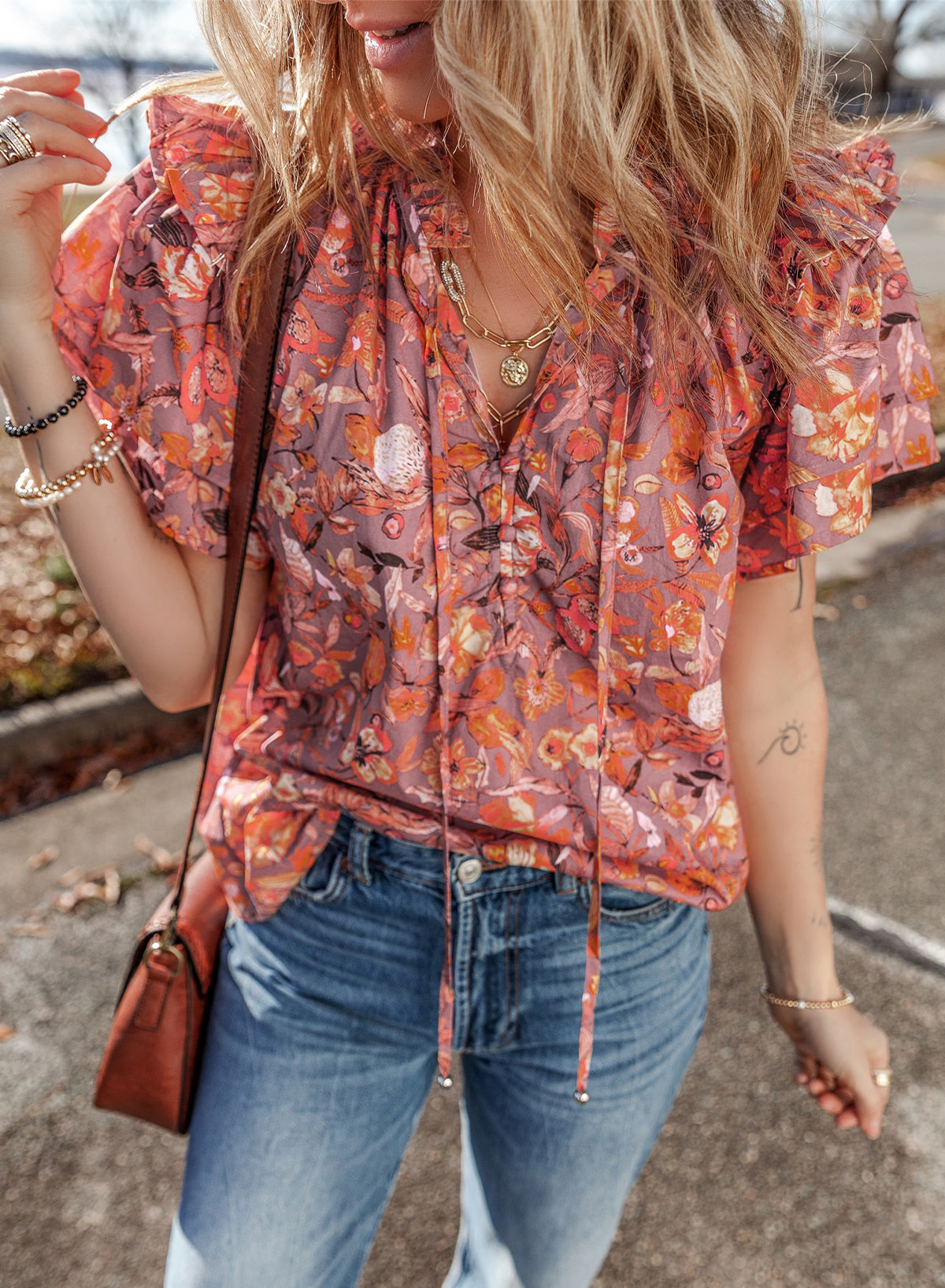 Orange Floral Print Ruffled Flutter Sleeve Frilled V Neck Blouse eAura